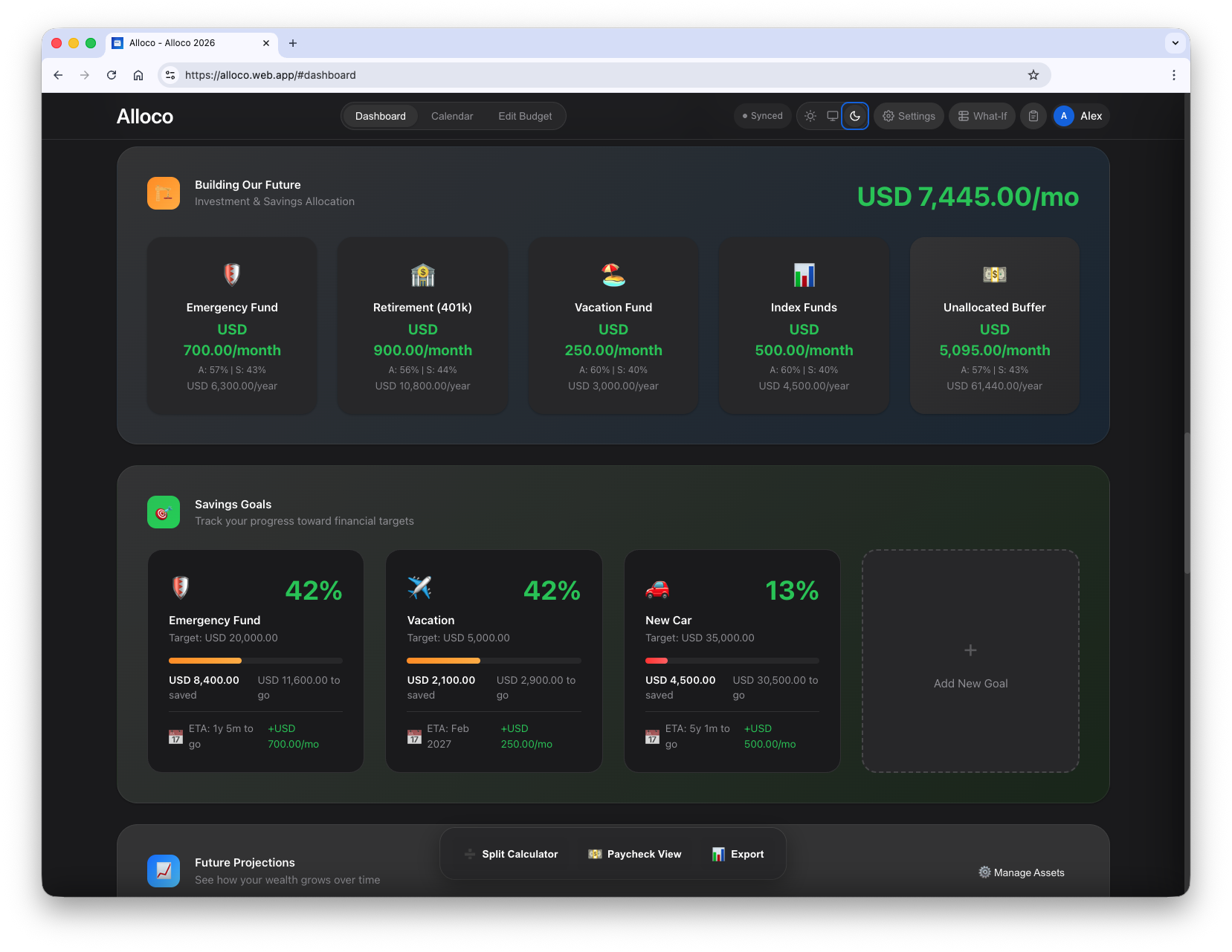 Savings goals and allocation targets