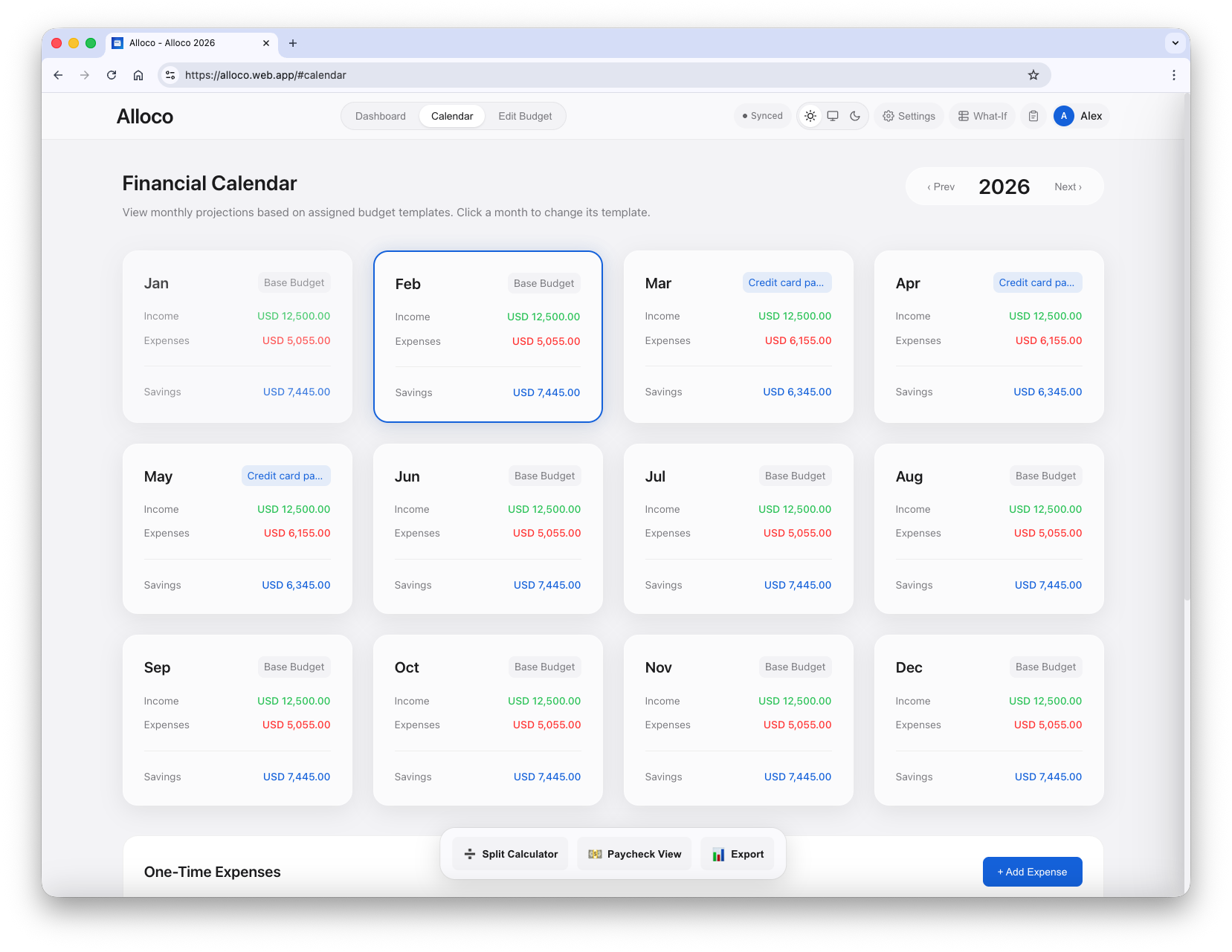 Financial calendar with monthly projections