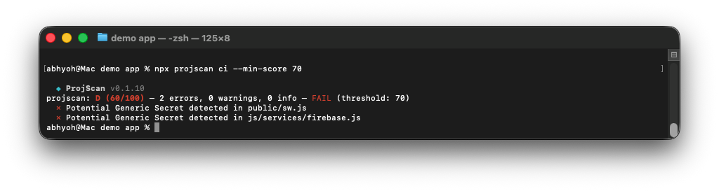 ProjScan CI output with minimum score threshold