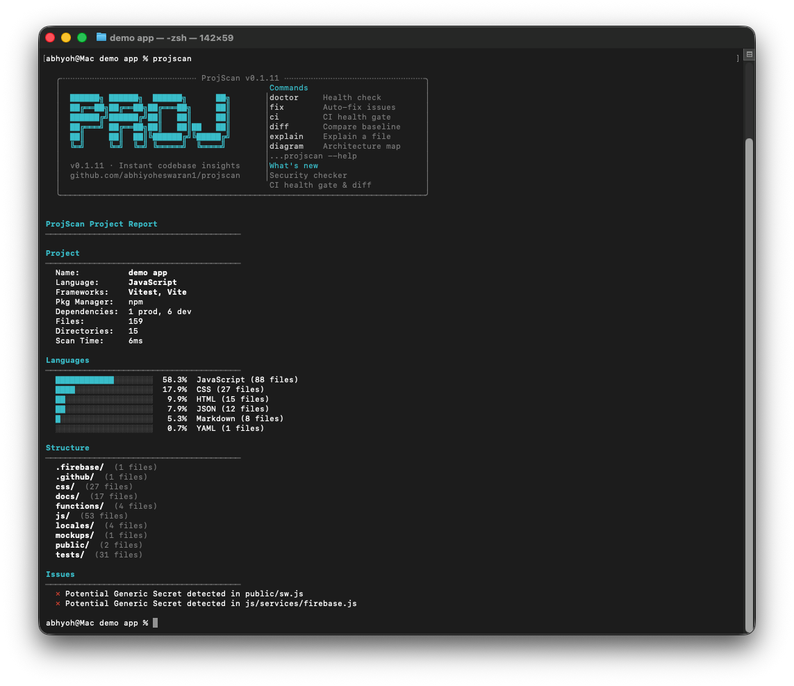 ProjScan full analyze output showing banner, project info, languages, structure, and issues